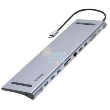 Adapteris BASEUS USB-C į 2x HDMI, VGA, LAN, 3x USB-A, SD, TF, USB-C PD100W, Aux Adapteris BASEUS USB-C į 2x HDMI, VGA, LAN, 3x USB-A, SD, TF, USB-C PD100W, Aux
