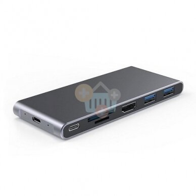 Adapteris USB-C - HDMI, 2x USB 3.0, SD, TF, PD60W + M.2 NGFF SSD dėklas Adapteris USB-C - HDMI, 2x USB 3.0, SD, TF, PD60W + M.2 NGFF SSD dėklas