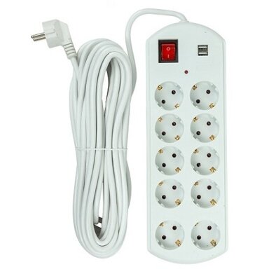 Buitinis ilgiklis 10m, 10 lizdų, 2x USB, su jungikliu Buitinis ilgiklis 10m, 10 lizdų, 2x USB, su jungikliu