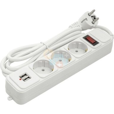 Buitinis ilgiklis 1.8m, 3 lizdai + 2 USB, su jungikliu Buitinis ilgiklis 1.8m, 3 lizdai + 2 USB, su jungikliu