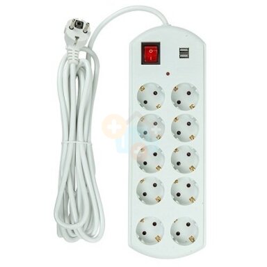 Buitinis ilgiklis 5m, 10 lizdų, 2x USB, su jungikliu Buitinis ilgiklis 5m, 10 lizdų, 2x USB, su jungikliu