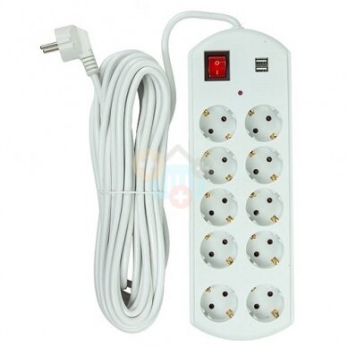 Buitinis ilgiklis 10m, 10 lizdų, 2x USB, su jungikliu Buitinis ilgiklis 10m, 10 lizdų, 2x USB, su jungikliu