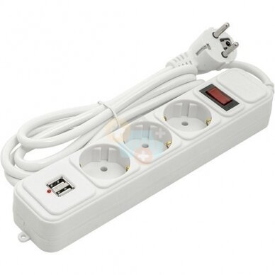 Buitinis ilgiklis 1.8m, 3 lizdai + 2 USB, su jungikliu Buitinis ilgiklis 1.8m, 3 lizdai + 2 USB, su jungikliu