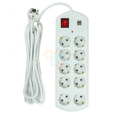 Buitinis ilgiklis 5m, 10 lizdų, 2x USB, su jungikliu Buitinis ilgiklis 5m, 10 lizdų, 2x USB, su jungikliu