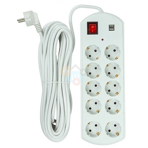 Buitinis ilgiklis 10m, 10 lizdų, 2x USB, su jungikliu Buitinis ilgiklis 10m, 10 lizdų, 2x USB, su jungikliu