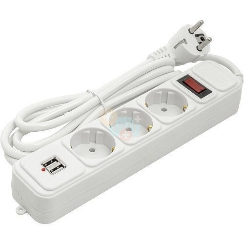 Buitinis ilgiklis 1.8m, 3 lizdai + 2 USB, su jungikliu Buitinis ilgiklis 1.8m, 3 lizdai + 2 USB, su jungikliu