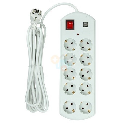Buitinis ilgiklis 5m, 10 lizdų, 2x USB, su jungikliu Buitinis ilgiklis 5m, 10 lizdų, 2x USB, su jungikliu
