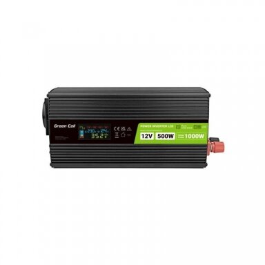 Įtampos keitiklis Green Cell su LCD ekranu, iš 12V į 220V 500W/1000W + USB, Grynas sinusas Įtampos keitiklis Green Cell su LCD ekranu, iš 12V į 220V 500W/1000W + USB, Grynas sinusas