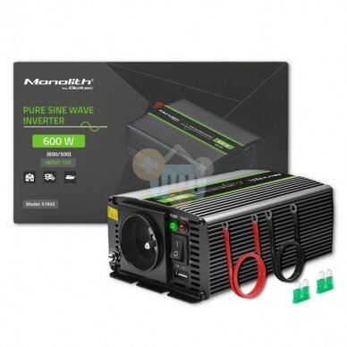 Įtampos keitiklis QOLTEC 51932 iš 12V į 220V 300W/600W + USB, Grynas sinusas 2
