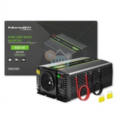 Įtampos keitiklis QOLTEC 51936 iš 24V į 220V 300W/600W + USB, Grynas sinusas 2