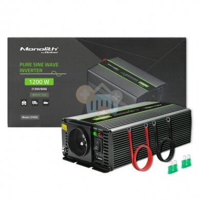 Įtampos keitiklis QOLTEC 51933 iš 12V į 220V 600W/1200W + USB, Grynas sinusas 2 Įtampos keitiklis QOLTEC 51933 iš 12V į 220V 600W/1200W + USB, Grynas sinusas 2