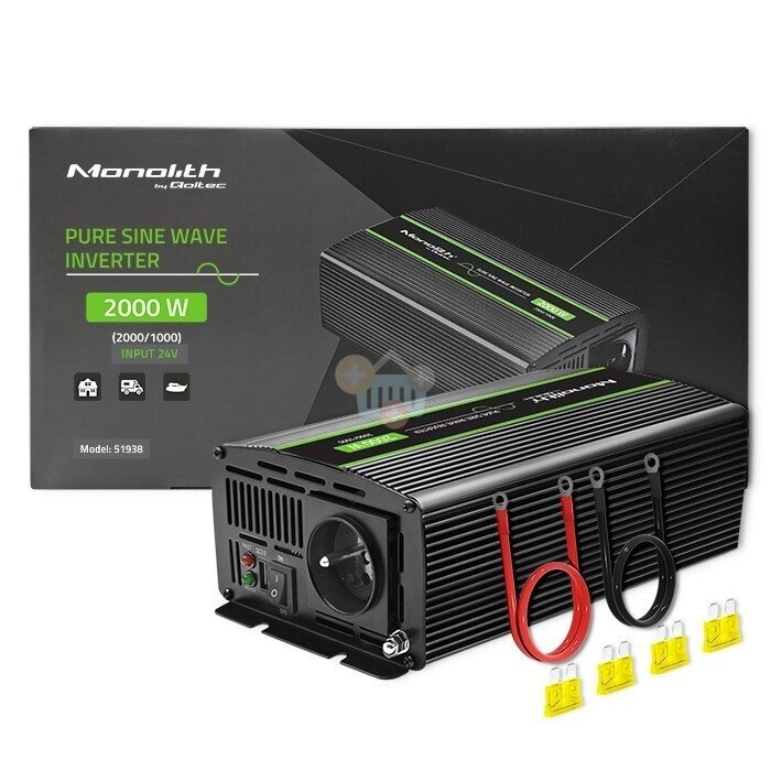 Įtampos keitiklis QOLTEC 51938 iš 24V į 220V 1000W/2000W + USB, Grynas sinusas 2