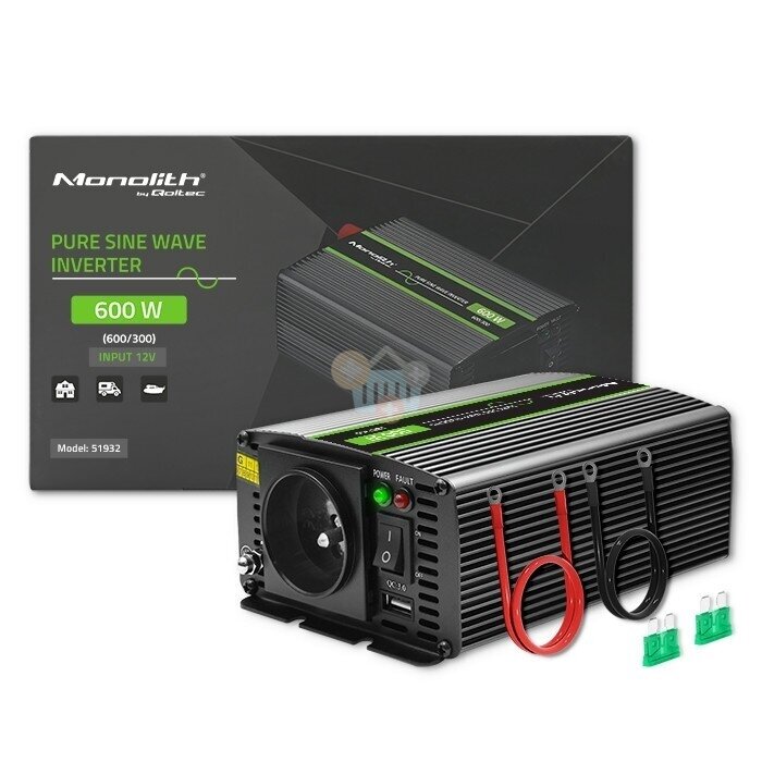 Įtampos keitiklis QOLTEC 51932 iš 12V į 220V 300W/600W + USB, Grynas sinusas 2 Įtampos keitiklis QOLTEC 51932 iš 12V į 220V 300W/600W + USB, Grynas sinusas 2