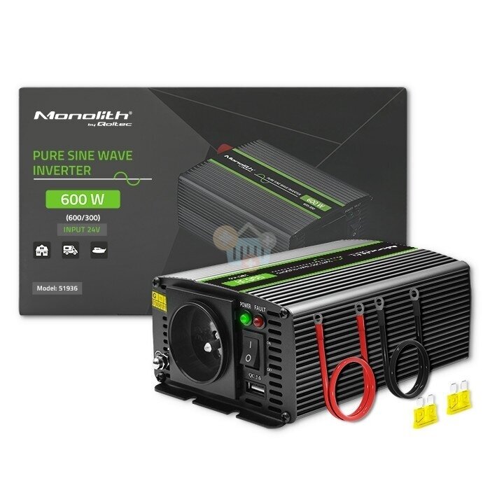 Įtampos keitiklis QOLTEC 51936 iš 24V į 220V 300W/600W + USB, Grynas sinusas 2
