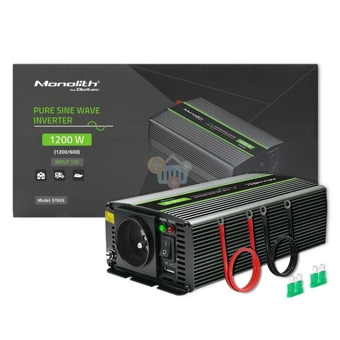 Įtampos keitiklis QOLTEC 51933 iš 12V į 220V 600W/1200W + USB, Grynas sinusas 2 Įtampos keitiklis QOLTEC 51933 iš 12V į 220V 600W/1200W + USB, Grynas sinusas 2