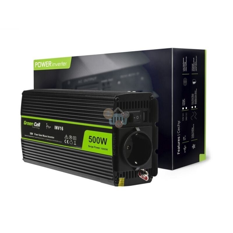 Įtampos keitiklis Green Cell INV16, iš 12V į 220V 500W/1000W + USB, Grynas sinusas 1 Įtampos keitiklis Green Cell INV16, iš 12V į 220V 500W/1000W + USB, Grynas sinusas 1