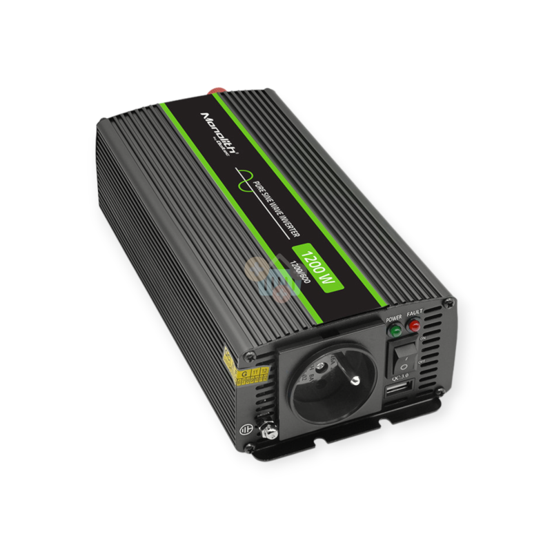Įtampos keitiklis QOLTEC 51937 iš 24V į 220V 600W/1200W + USB, Grynas sinusas