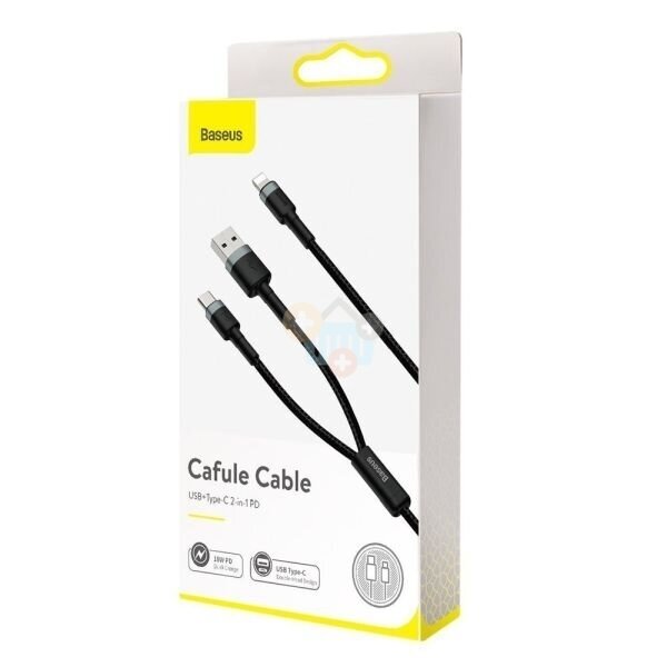 Kabelis Baseus Cafule 2 in 1 USB -> Type C + Lightning PD, 18W, 1.2m, juodas pilkas (CATKLF-ELG1) +++ TOP Komfortas 1