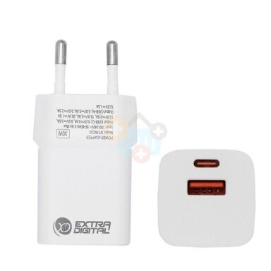 Kroviklis EXTRA DIGITAL GaN USB Type-C, USB Type-A: 30W, PPS, baltas Kroviklis EXTRA DIGITAL GaN USB Type-C, USB Type-A: 30W, PPS, baltas