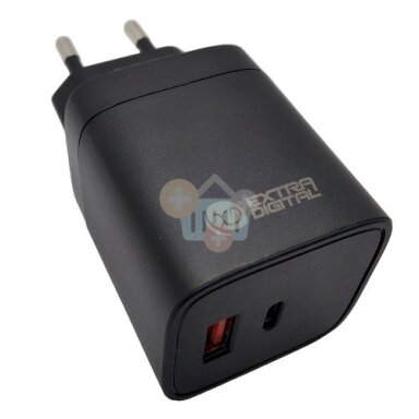 Kroviklis EXTRA DIGITAL GaN USB Type-C, USB Type-A: 45W, PPS, juodas Kroviklis EXTRA DIGITAL GaN USB Type-C, USB Type-A: 45W, PPS, juodas