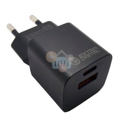 Kroviklis EXTRA DIGITAL GaN USB Type-C, USB Type-A: 30W, PPS, juodas Kroviklis EXTRA DIGITAL GaN USB Type-C, USB Type-A: 30W, PPS, juodas