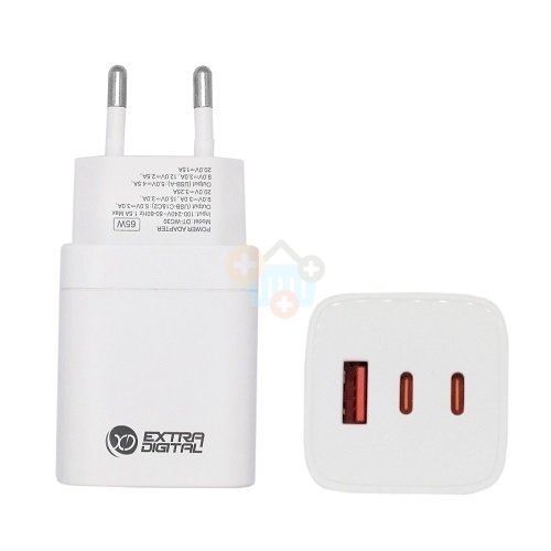Kroviklis EXTRA DIGITAL GaN 2x USB Type-C, USB Type-A: 65W, PPS Kroviklis EXTRA DIGITAL GaN 2x USB Type-C, USB Type-A: 65W, PPS