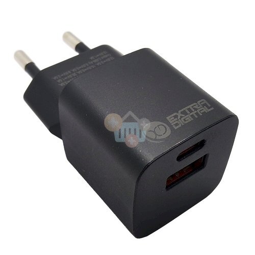 Kroviklis EXTRA DIGITAL GaN USB Type-C, USB Type-A: 30W, PPS, juodas Kroviklis EXTRA DIGITAL GaN USB Type-C, USB Type-A: 30W, PPS, juodas