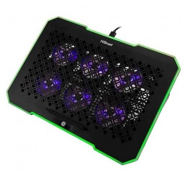 Nešiojamojo kompiuterio aušinimo stovas HISMART, su 6 RGB ventiliatoriais, 5 padėčių Nešiojamojo kompiuterio aušinimo stovas HISMART, su 6 RGB ventiliatoriais, 5 padėčių