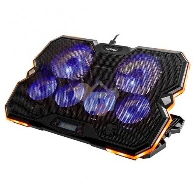 Nešiojamojo kompiuterio aušinimo stovas HISMART, su 6 RGB ventiliatoriais, 5 padėčių Nešiojamojo kompiuterio aušinimo stovas HISMART, su 6 RGB ventiliatoriais, 5 padėčių