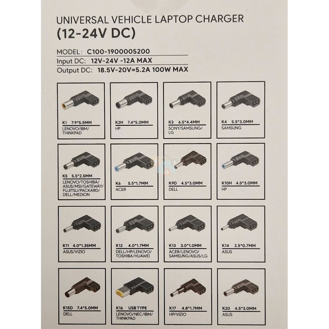 Universalus automobilinis (12-24V) kompiuterių įkroviklis 100W All in One +++ TOP Galimybės 1 Universalus automobilinis (12-24V) kompiuterių įkroviklis 100W All in One +++ TOP Galimybės 1
