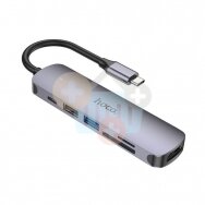 USB-C šakotuvas HOCO HB28 6 in 1: USB 3.0, USB 2.0, USB-C (PD 100W), HDMI (4K), SD/TF