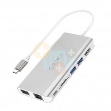 USB šakotuvas ORICO 8 in 1: Type-C; HDMI, USB 3.0, PD 3.0, TF/ SD; RJ45 +++ TOP Mobilumas