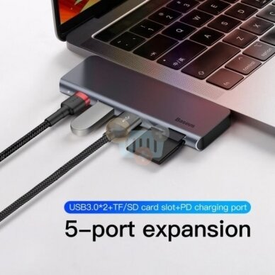 USB-C šakotuvas Baseus 5 in 1: USB 3.0, TF&SD, PD +++ TOP Mobilumas 1