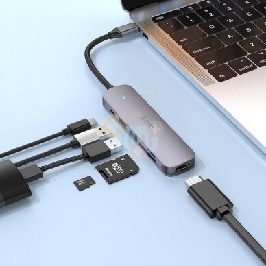 USB-C šakotuvas HOCO HB28 6 in 1: USB 3.0, USB 2.0, USB-C (PD 60W), HDMI (4K), SD/TF 2
