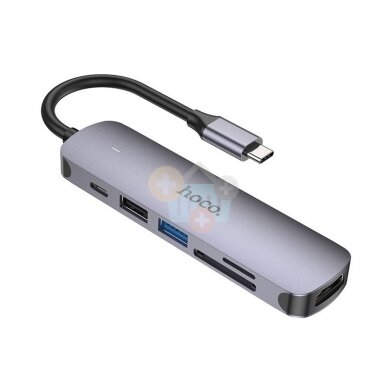 USB-C šakotuvas HOCO HB28 6 in 1: USB 3.0, USB 2.0, USB-C (PD 60W), HDMI (4K), SD/TF